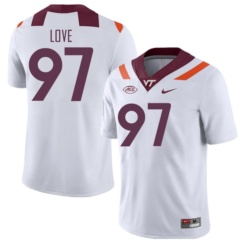 Men #97 John Love Virginia Tech Hokies College Football Jerseys Stitched Sale-White